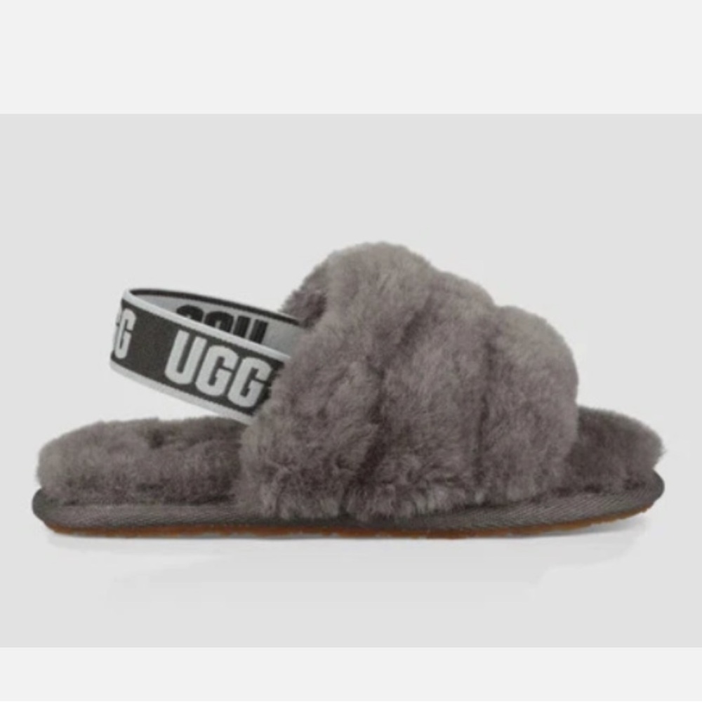 UGG Charcoal Gray Fluffy Yeah Slide Sandal Slipper with Logo Strap Size 12